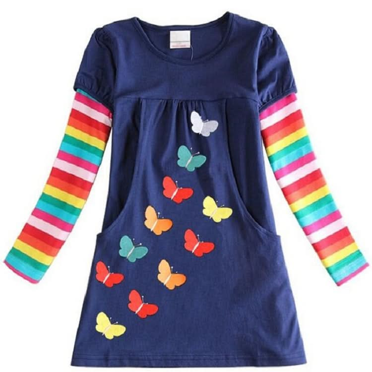 Girls Rainbow Long Sleeve Butterfly Embroidered Pattern Cotton Princess Dress Reluova