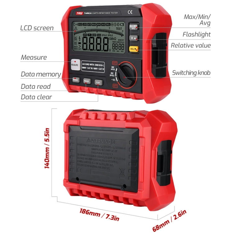 TASI TA862A Ground Resistor Tester Grounding Voltage Measurement High Precision Digital Resistance Meter