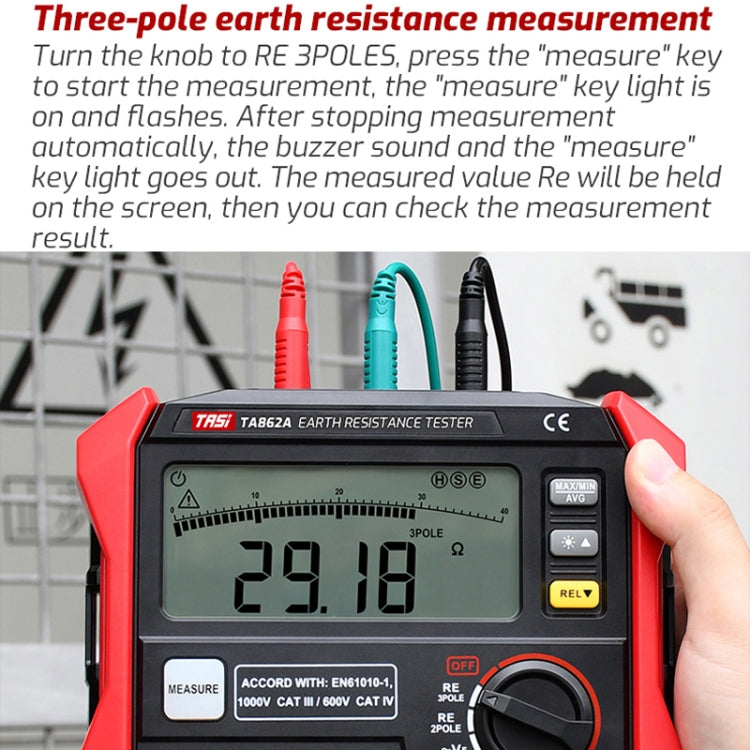 TASI TA862A Ground Resistor Tester Grounding Voltage Measurement High Precision Digital Resistance Meter