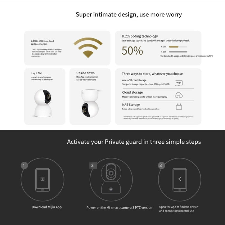 Original Xiaomi Mijia Smart Camera 3 PTZ Version 3K AI Detection Baby Monitor 5MP 360 Degree View Webcam Day & Night Work Infrared Night Vision, With US Plug Adapter