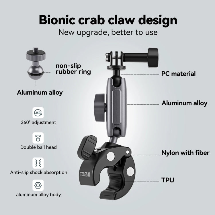 TELESIN  Aluminum Alloy Crab Claw Handlebar Tube Clamp For Sports Camera Mobile Phones Reluova