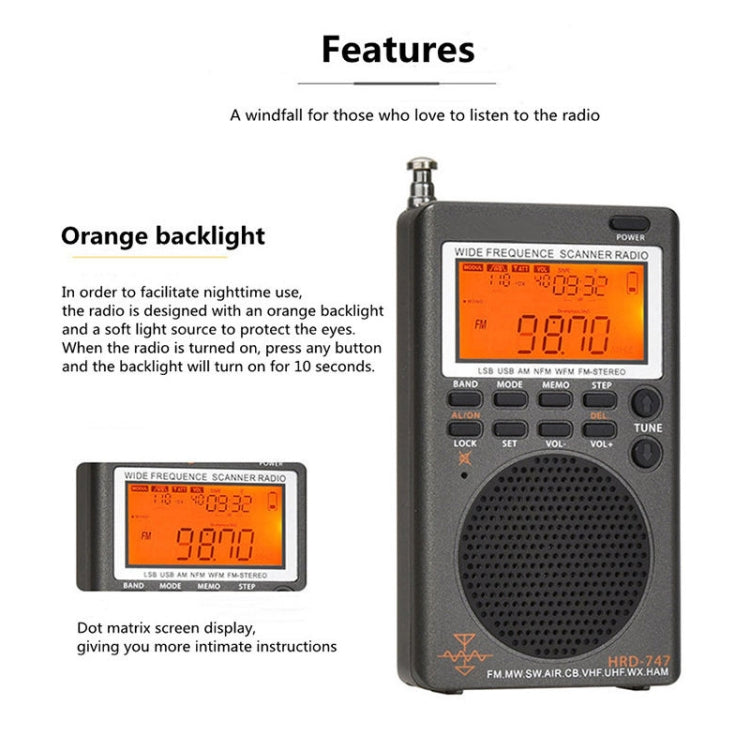 HanRongda HRD-747 Portable Full Band Digital Display High-Frequency Receiving Radio Reluova