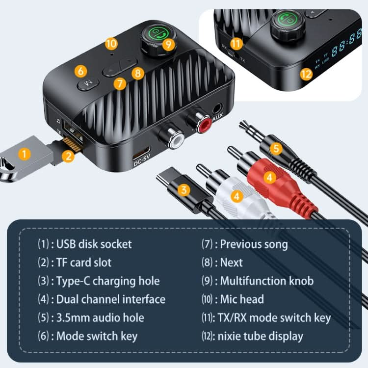 Digital Display Bluetooth 5.3 Audio Receiver Transmitter Support USB /TF Card MP3 Player