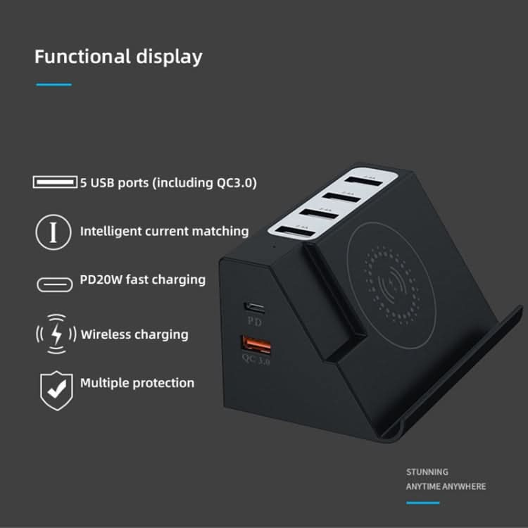 PD 20W +QC 3.0 Wireless Charging+6 Ports Multi-function Charger