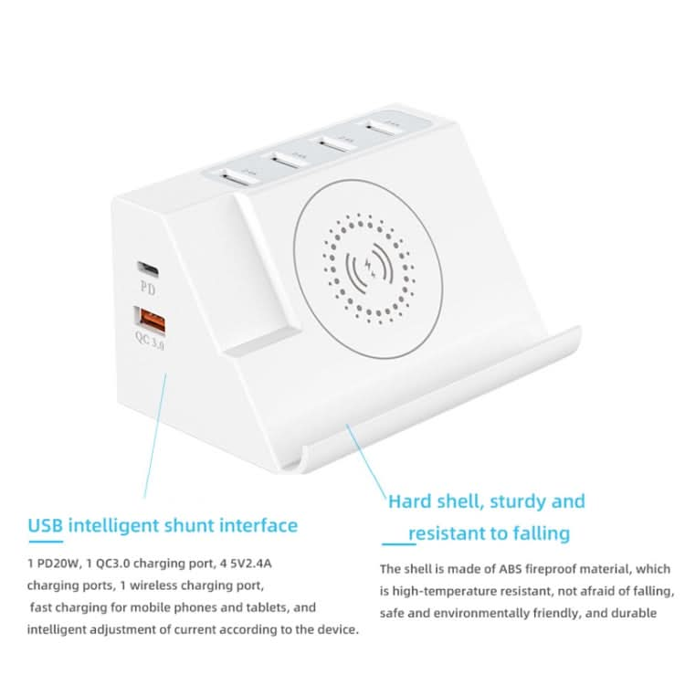 PD 20W +QC 3.0 Wireless Charging+6 Ports Multi-function Charger