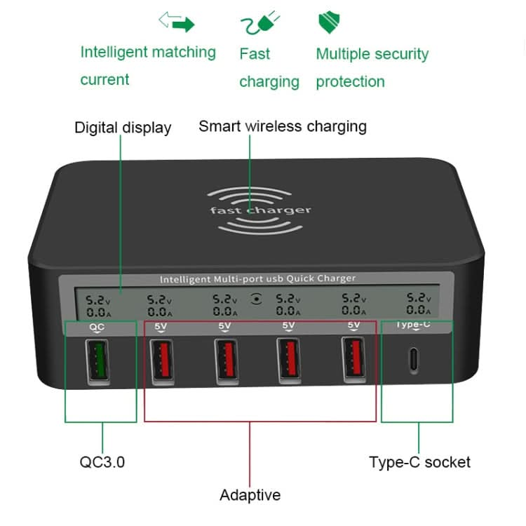 818F 5 USB Ports + Type-C Multifunctional Multi-Port Wireless Charger