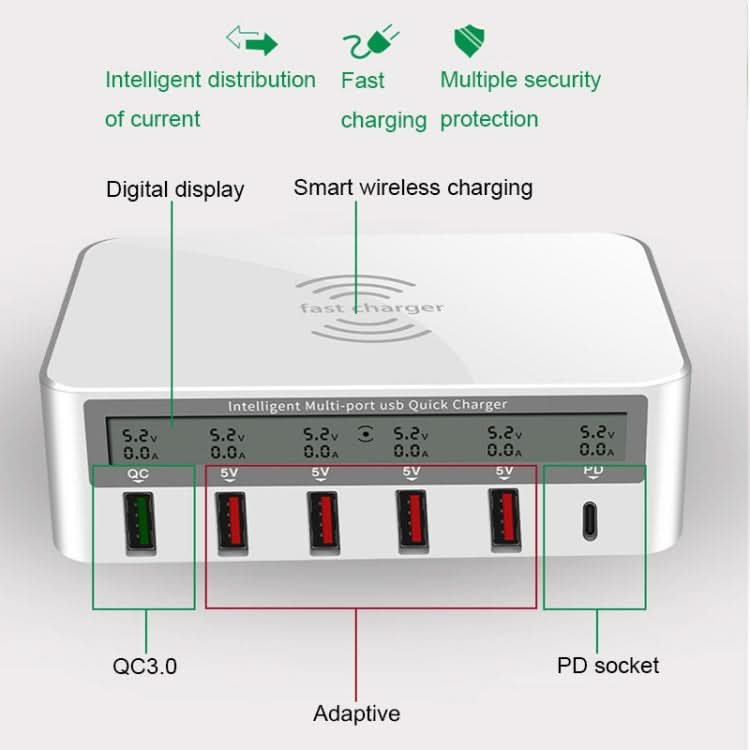 818PF 5 USB Ports + Type-C Smart Digital Display Wireless Phone Charger