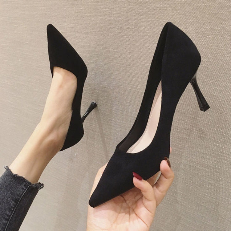 Women Suede High Heels Shallow Mouth Pointed Toe Square Buckle Thin Heel Pumps, Series 2