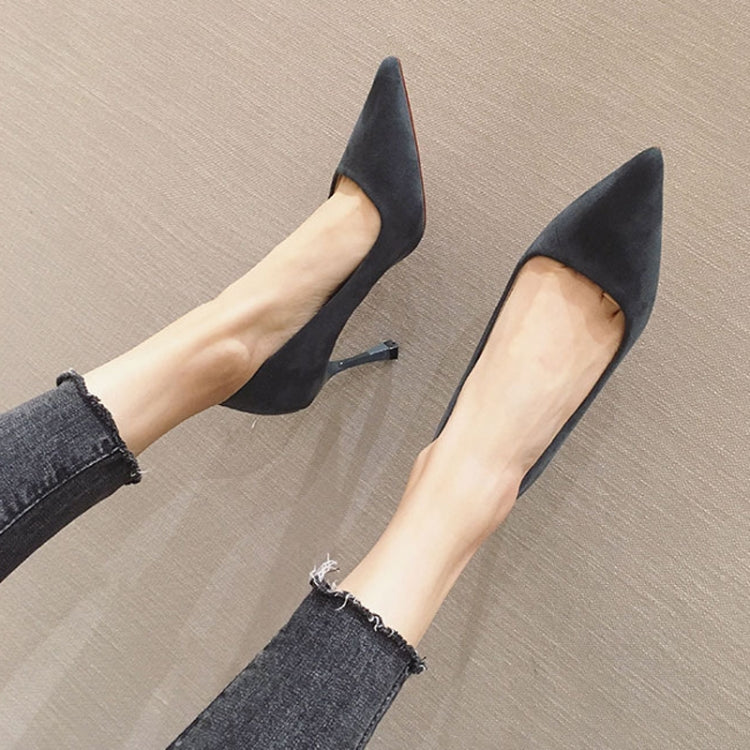 Women Suede High Heels Shallow Mouth Pointed Toe Square Buckle Thin Heel Pumps, Series 1 My Store