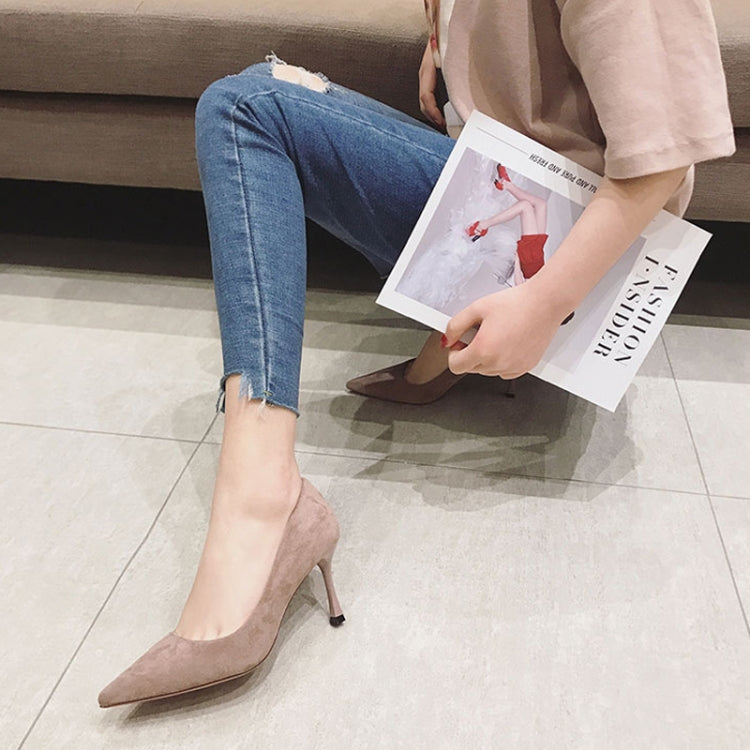 Women Suede High Heels Shallow Mouth Pointed Toe Square Buckle Thin Heel Pumps, Series 1