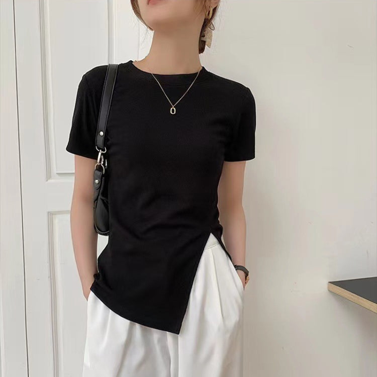 Women Summer Short-sleeved T-shirt With Hem Slit Design Round Neck Top My Store