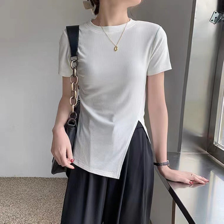 Women Summer Short-sleeved T-shirt With Hem Slit Design Round Neck Top My Store