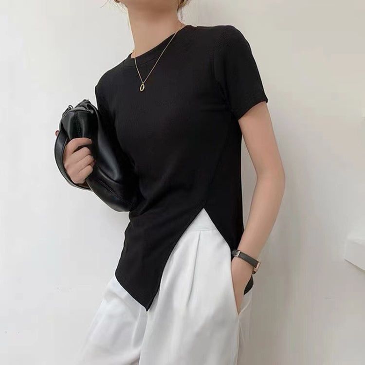 Women Summer Short-sleeved T-shirt With Hem Slit Design Round Neck Top