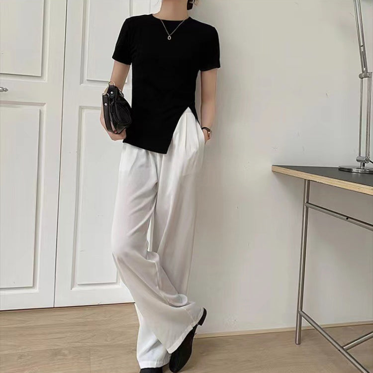 Women Summer Short-sleeved T-shirt With Hem Slit Design Round Neck Top