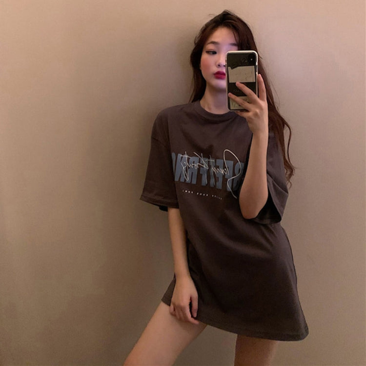 Spring and Summer Retro Print Mid-length Loose Short-sleeved Top T-shirt