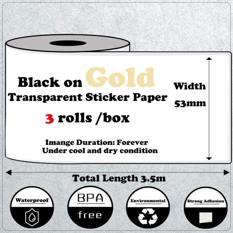 For Phomemo M02 / M02S / M02Pro 3rolls /Pack 50mm Thermal Label Printing Paper For Sticker Printer With Black Letter On Gold Powder Background