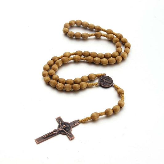 Wooden Beads Handmade Wire Vintage Cross Necklace