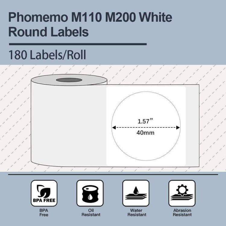 For Phomemo M110 / M200 180pcs /Roll 40x40mm Round Self-Adhesive Thermal Labels Reluova