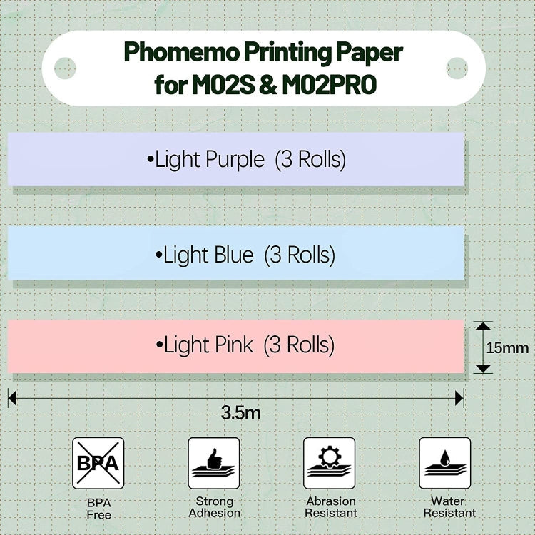 For Phomemo M02S / M02 Pro 9rolls /Pack 15mm Purple/Light Blue/Light Pink Bottom Self-adhesive Thermal Paper Reluova