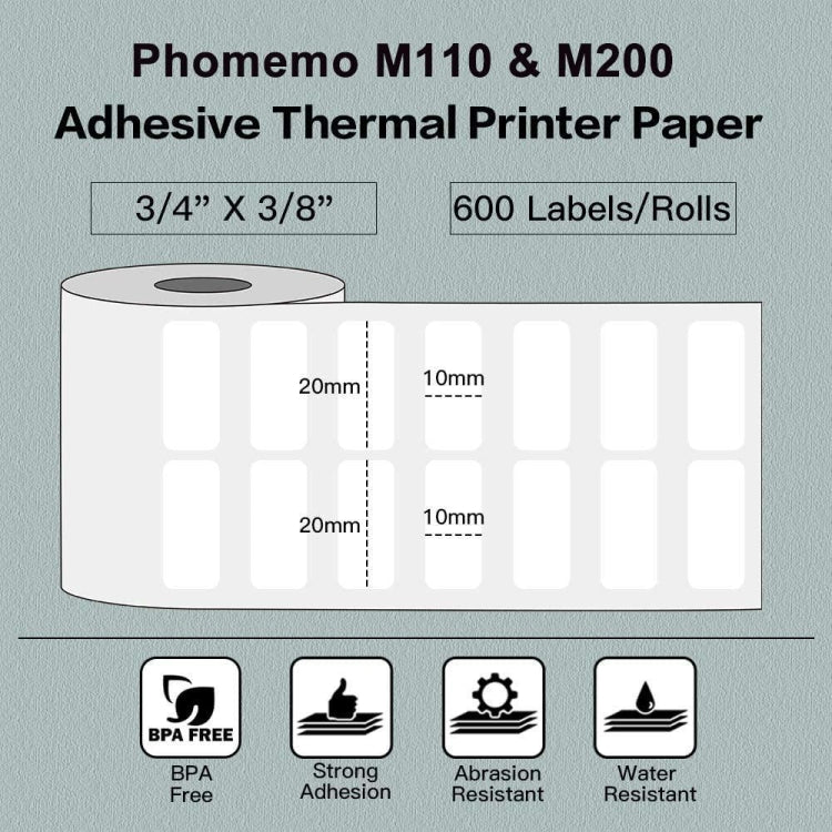 For Phomemo M110 / M200 600pcs /Roll 20x10mm Square Self-Adhesive Thermal Labels on White Background