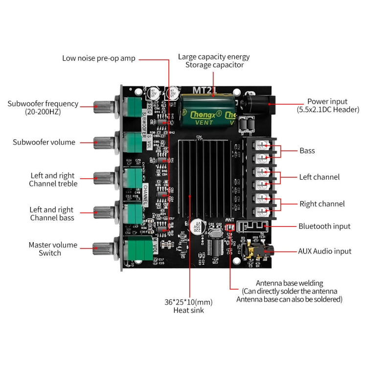 ZK-MT21 50W x 2+100W 2.1 Channel Bluetooth Digital Amplifier Module