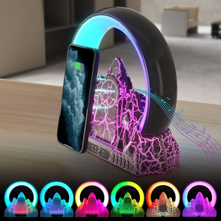 Flame Mountain Ambient Light Wireless Charger Smart Alarm Clock Bluetooth Speaker with Wake-up Function