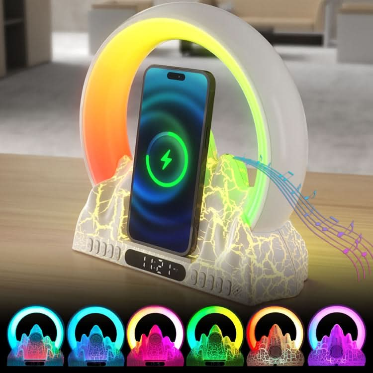 Flame Mountain Ambient Light Wireless Charger Smart Alarm Clock Bluetooth Speaker with Wake-up Function