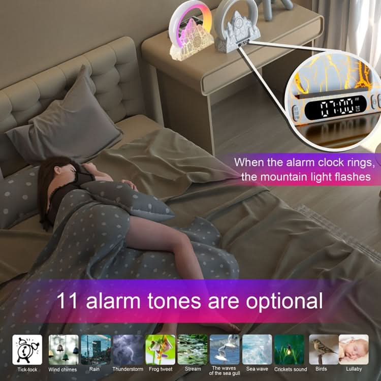 Flame Mountain Ambient Light Wireless Charger Smart Alarm Clock Bluetooth Speaker with Wake-up Function