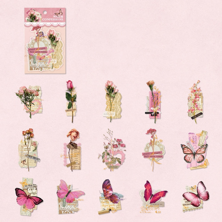 15pcs /Pack PET Butterfly Flower Series Retro DIY Hot Stamping Handbook Stickers