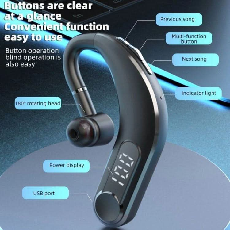 Ear-Mounted Waterproof Sports Smart Noise Reduction Bluetooth Earphones With LED Battery Display