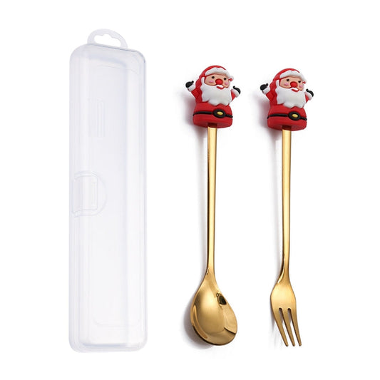 2pcs /Pack Christmas Dessert Fork And Spoon Set Portable Cute Cartoon Tableware