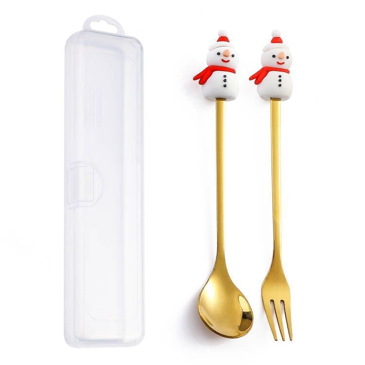 2pcs /Pack Christmas Dessert Fork And Spoon Set Portable Cute Cartoon Tableware My Store