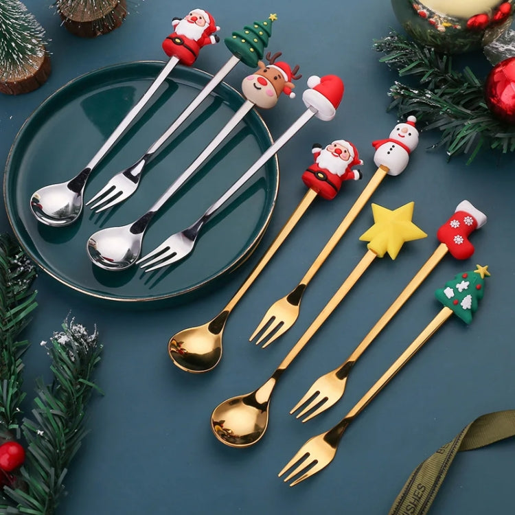 2pcs /Pack Christmas Dessert Fork And Spoon Set Portable Cute Cartoon Tableware My Store