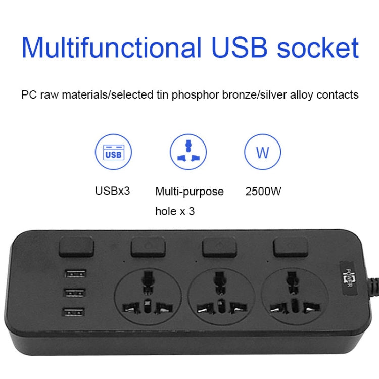 T14 2m 2500W 3 Plugs + 3-USB Ports Multifunctional Socket With Switch