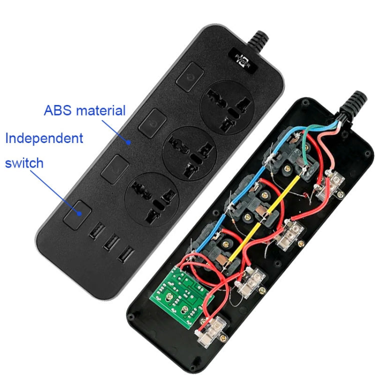 T14 2m 2500W 3 Plugs + 3-USB Ports Multifunctional Socket With Switch