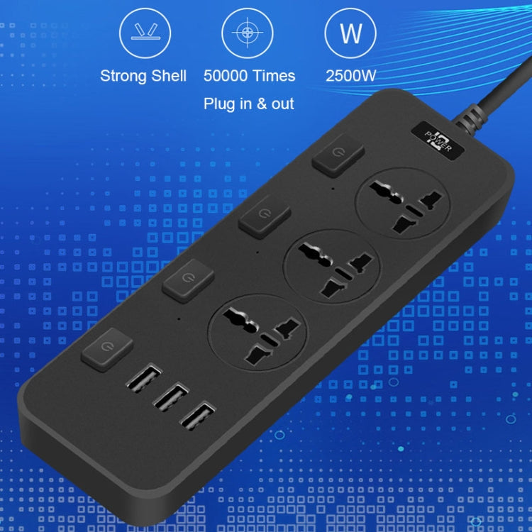 T14 2m 2500W 3 Plugs + 3-USB Ports Multifunctional Socket With Switch