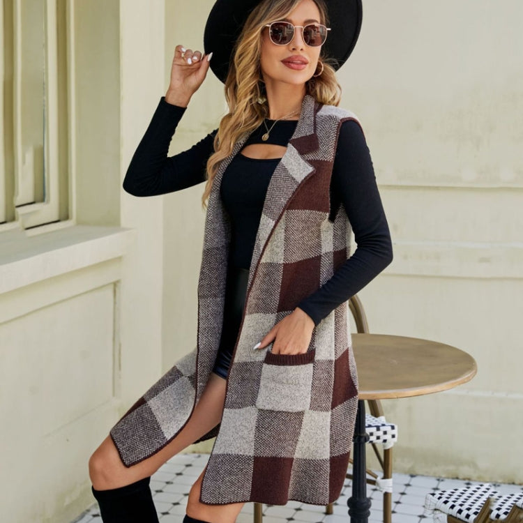 Women Long Suit Collar Sleeveless Sweater Jacket Plaid Jacquard Knit Vest Cardigan My Store