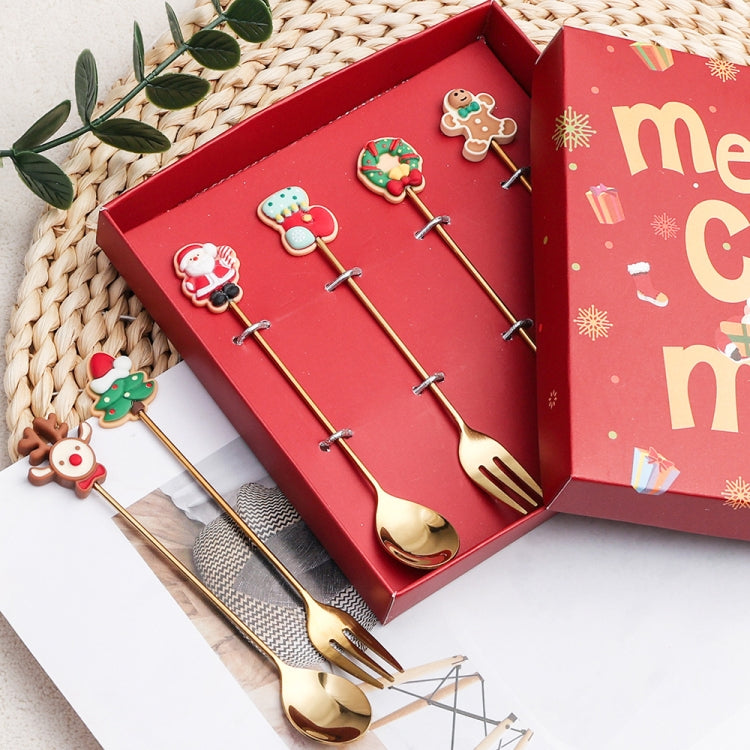 4pcs /Pack Christmas Gift Spoon Cartoon Fruit Fork Dessert Coffee Scoop