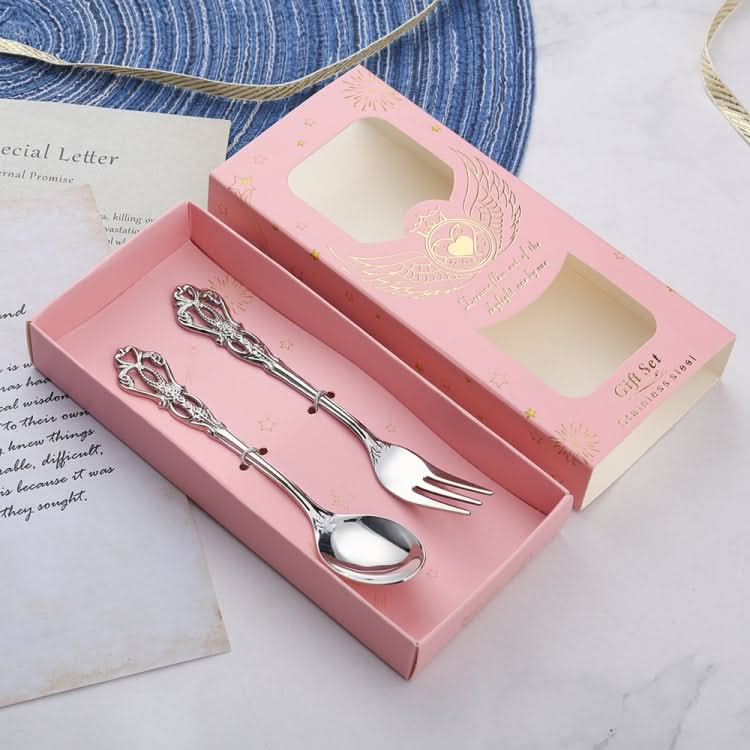 2pcs /Pack Retro Openwork Carved Dessert Spoon Fork Set Engraved Cutlery Gift Box-Reluova