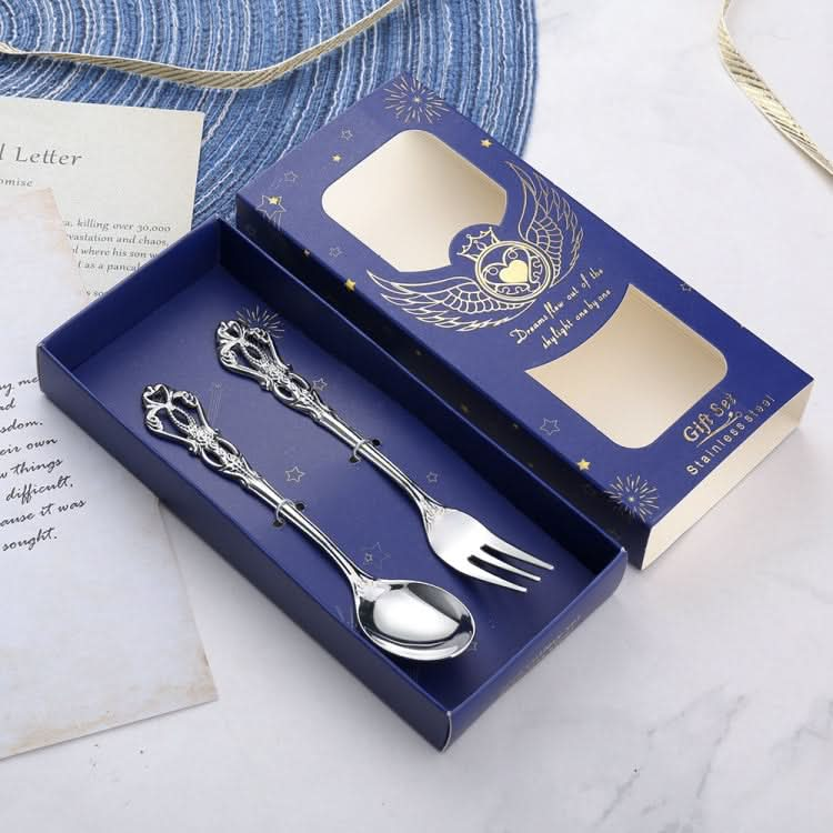 2pcs /Pack Retro Openwork Carved Dessert Spoon Fork Set Engraved Cutlery Gift Box-Reluova