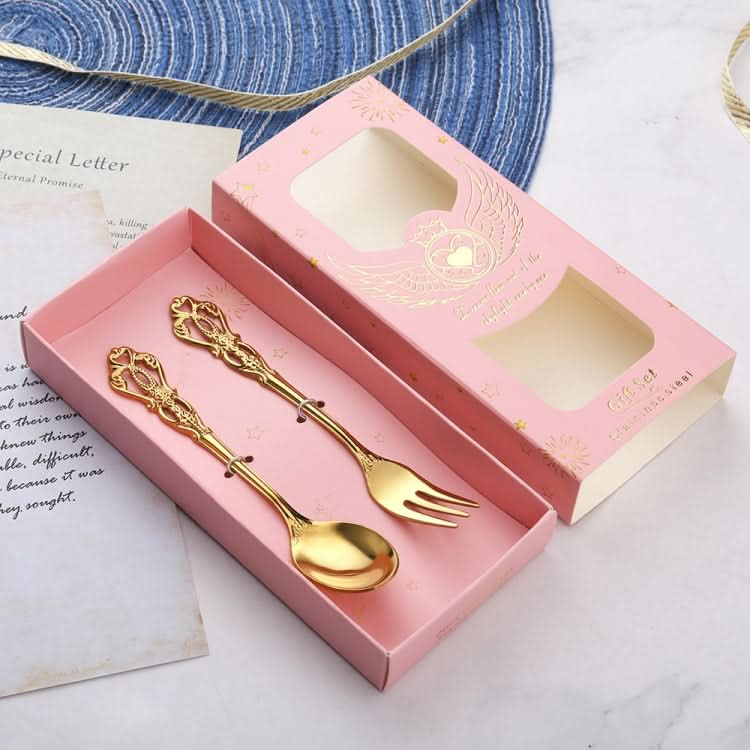 2pcs /Pack Retro Openwork Carved Dessert Spoon Fork Set Engraved Cutlery Gift Box-Reluova