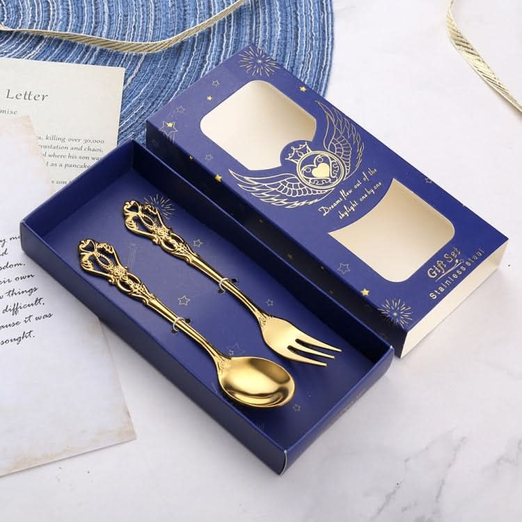 2pcs /Pack Retro Openwork Carved Dessert Spoon Fork Set Engraved Cutlery Gift Box-Reluova