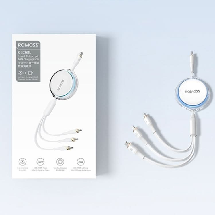 ROMOSS PD100W 3-In-1 Retractable Data Cable Type-C/USB-C To 8 Pin & Type-C & Micro Line