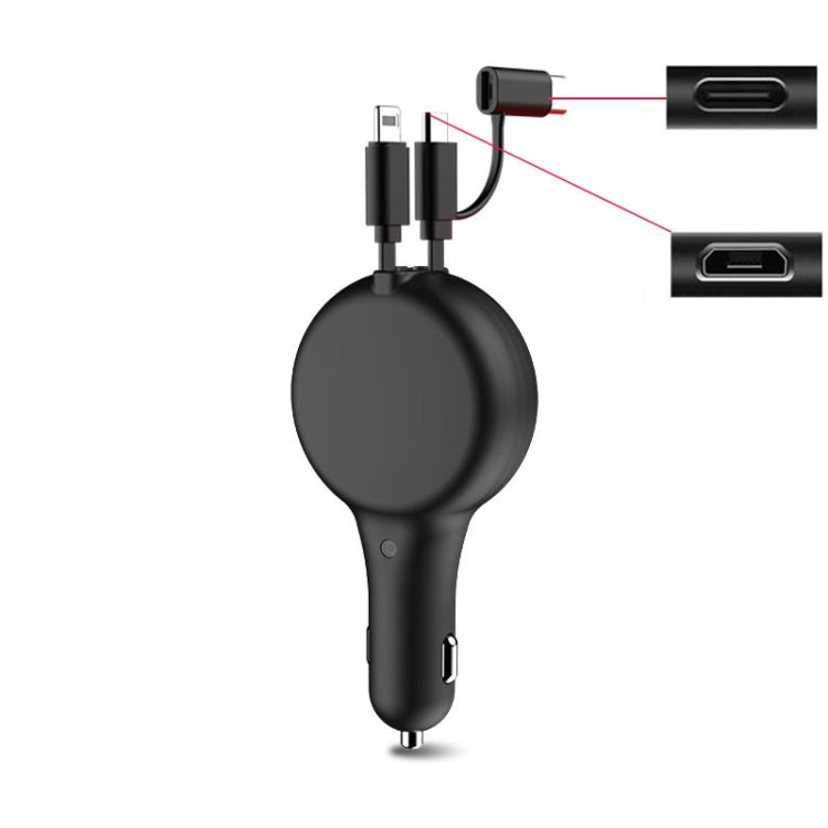 PD18W +QC 3.0 3 In 1 Retractable Car Charger With 8 Pin & Type-C/USB-C & Micro Port