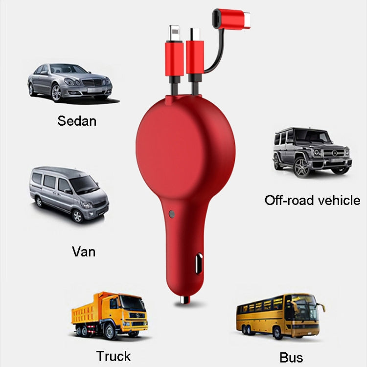 PD18W +QC 3.0 3 In 1 Retractable Car Charger With 8 Pin & Type-C/USB-C & Micro Port