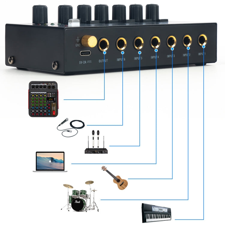 Ultra-Compact Low-Noise 6 Channel Stereo Audio Mixer, US Plug