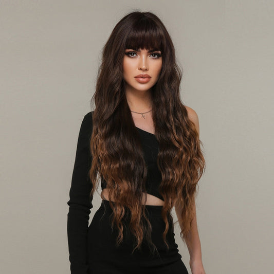 Women Long Hair Wig with Bangs Gradient Fluffy Water Ripple Curly Hair Wig