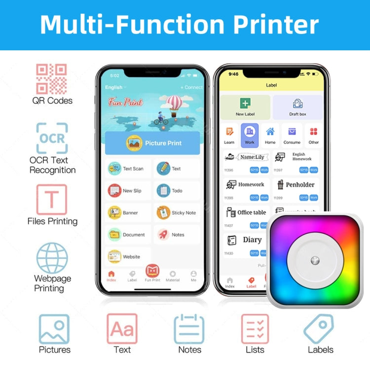 RGB Light Portable Mini Bluetooth Printer Inkless Document Label Printer