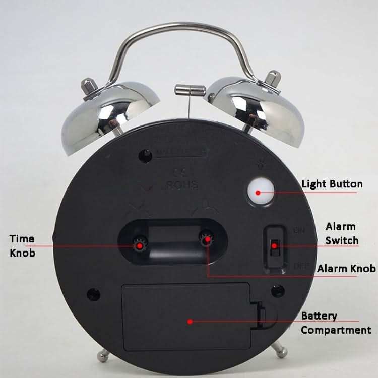 4.5 Inch Electroplated Metal Ring Bell Alarm Clock Quartz Clock With Night Light ?, Style: Black C-Reluova