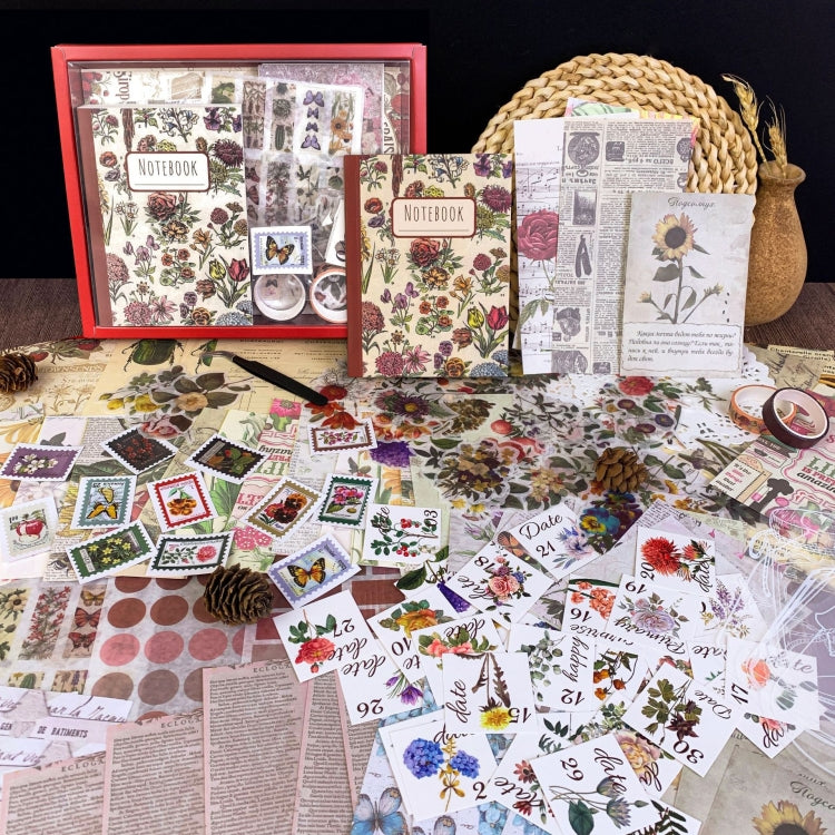 265 In 1 Retro Floral Scrapbook Set Includes A6 Notebook + Stickers + Tape + Stamps + Scrapbook Paper-Reluova